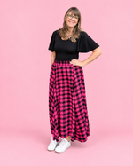 Front view of the Mila paneled woven maxi skirt