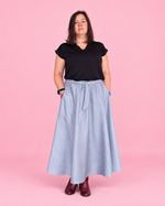 Full-length view of the Mila woven maxi skirt