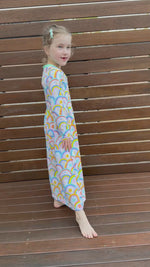 Cute maxi dress for kids. Easy sewing patterns for beginners. Knit dress pattern. Long sleeves with rainbow fabric.