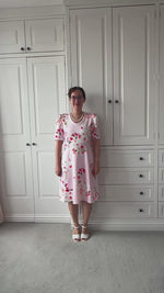 Woman modeling the Petunia Princess Seam dress sewing pattern by Ellie and Mac PDF sewing patterns.