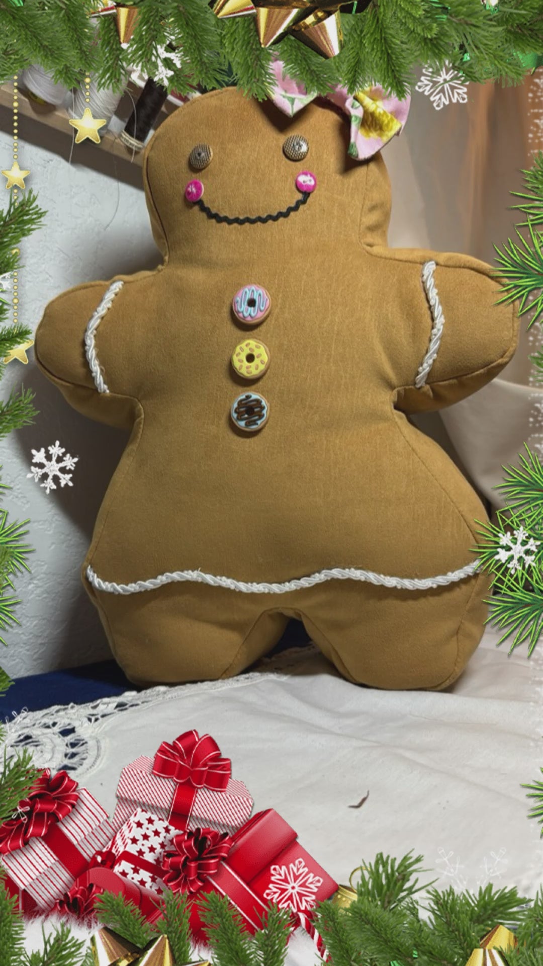 Gingerbread Woman pillow styled on a festive sofa for Christmas decorating.