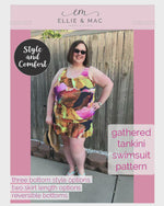 Peek inside the Ellie & Mac Gathered Tankini Swimsuit Sewing Pattern. The image shows a woman modeling the finished swimsuit in a vibrant abstract print, alongside a pool. This PDF pattern is available in sizes XXS-6XL and printable on A4, A0, and Letter paper sizes. Projector file and video tutorial included. 