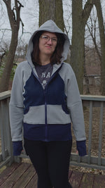 Woman modeling hooded athletic jacket she made. Ellie and Mac sewing patterns.