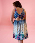 close up of tie back detail on square neck knit sewing pattern Suzie