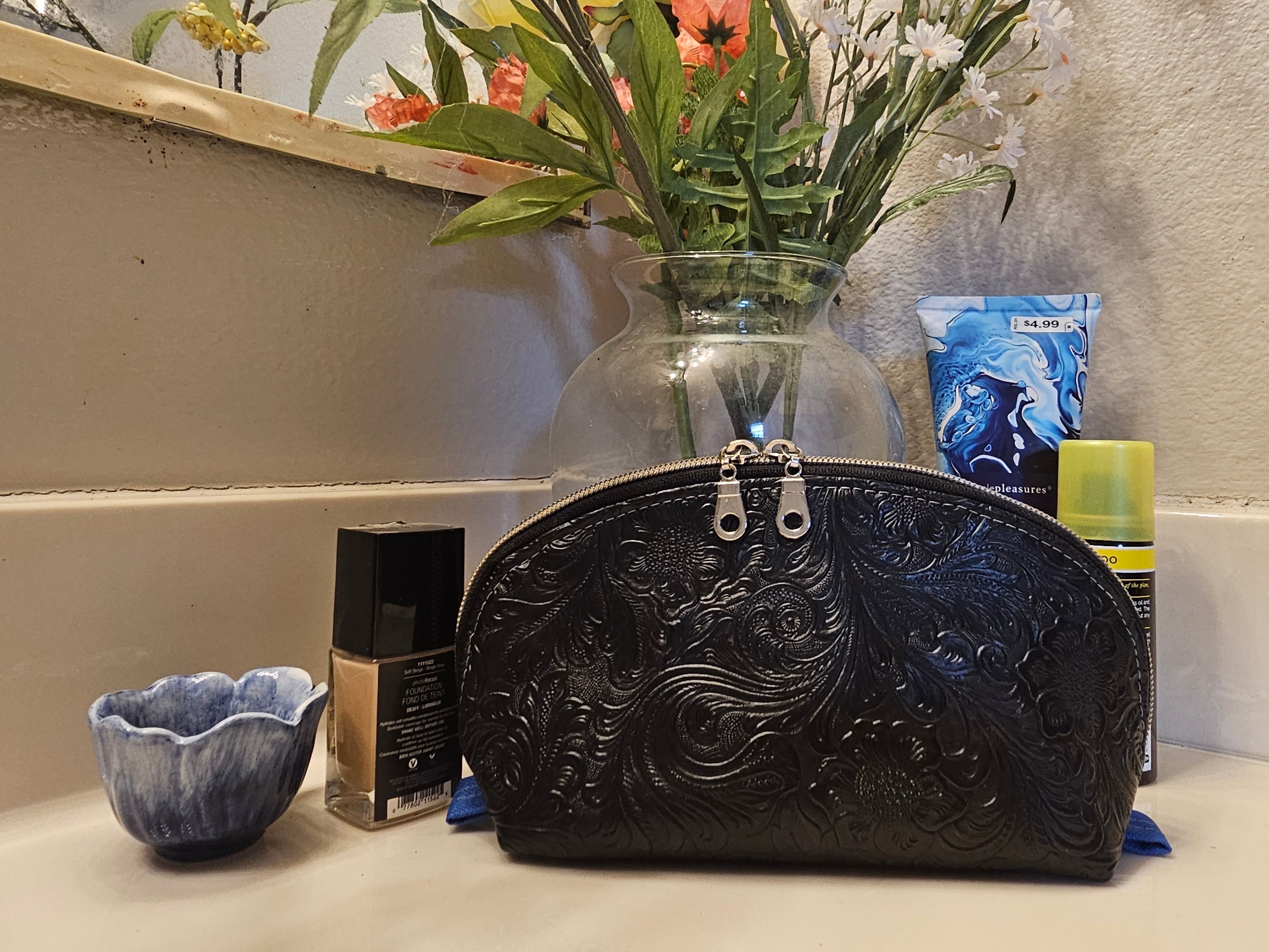 Large Tessa Toiletry Pouch made from the digital PDF sewing pattern showing curved shape and top zipper.