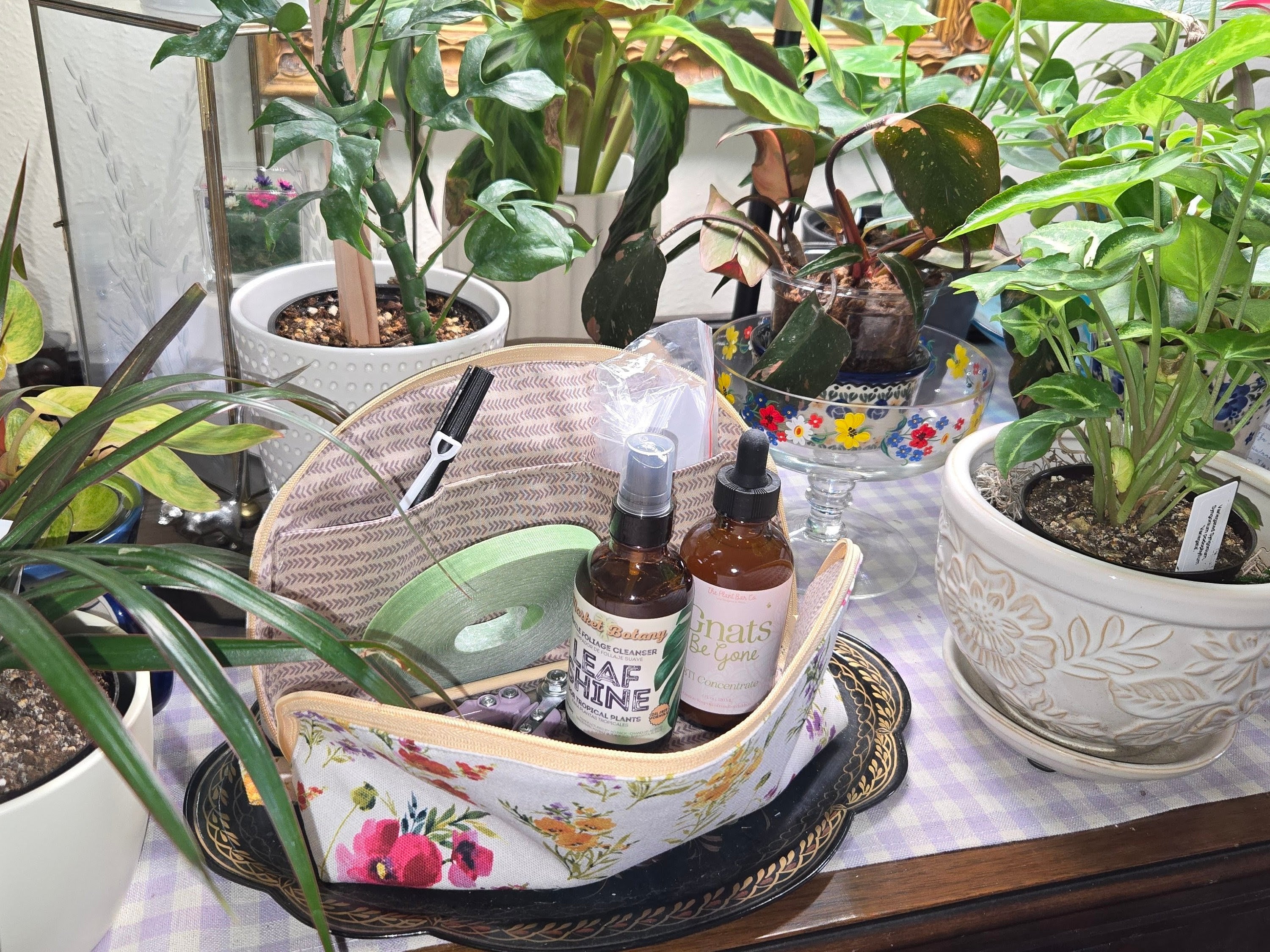 zippered pouch with plant pruning tools and spray products on a table surrounded by potted plants.