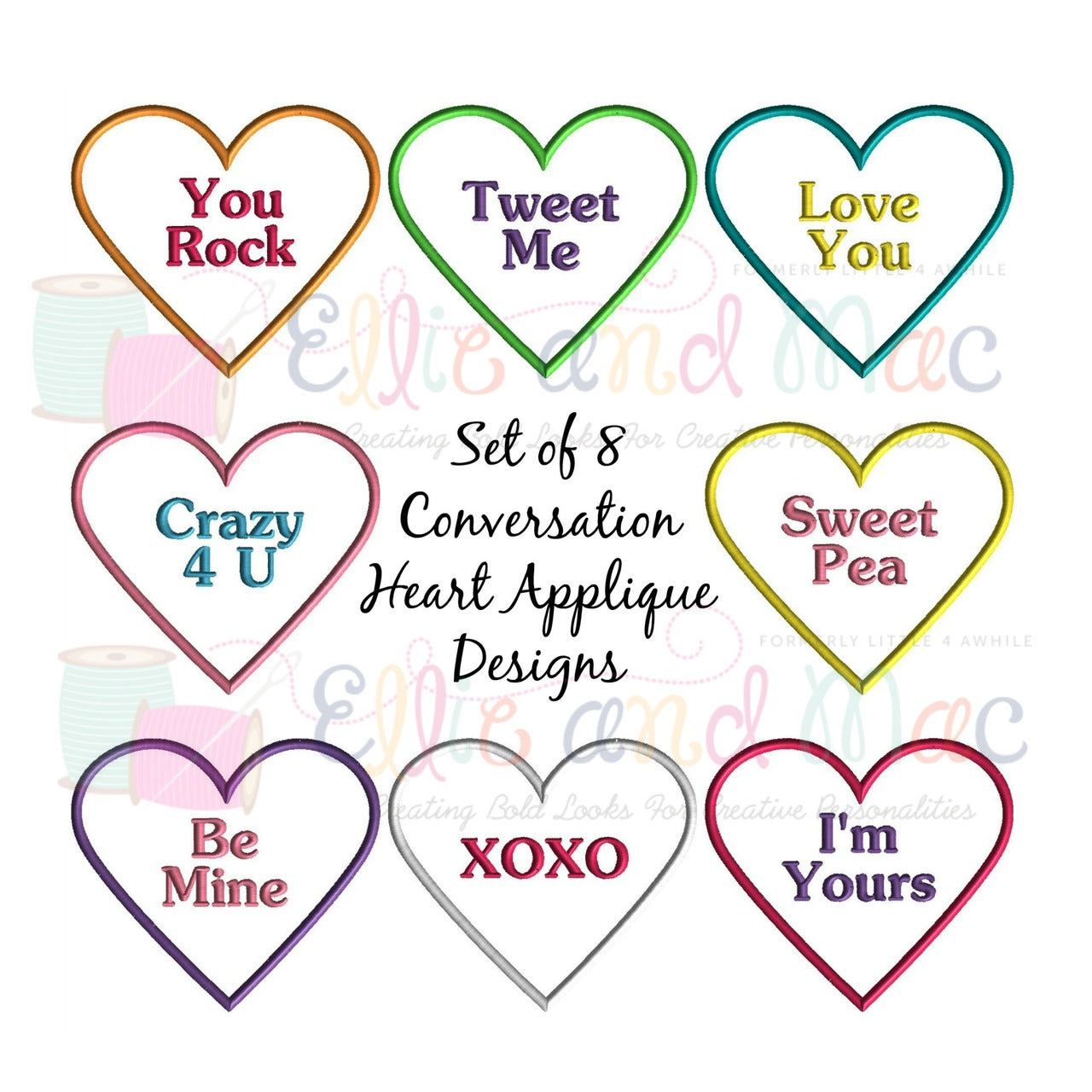 Conversation Hearts Applique Design Set of 8 - Ellie and Mac, Digital (PDF) Sewing Patterns | USA, Canada, UK, Australia
