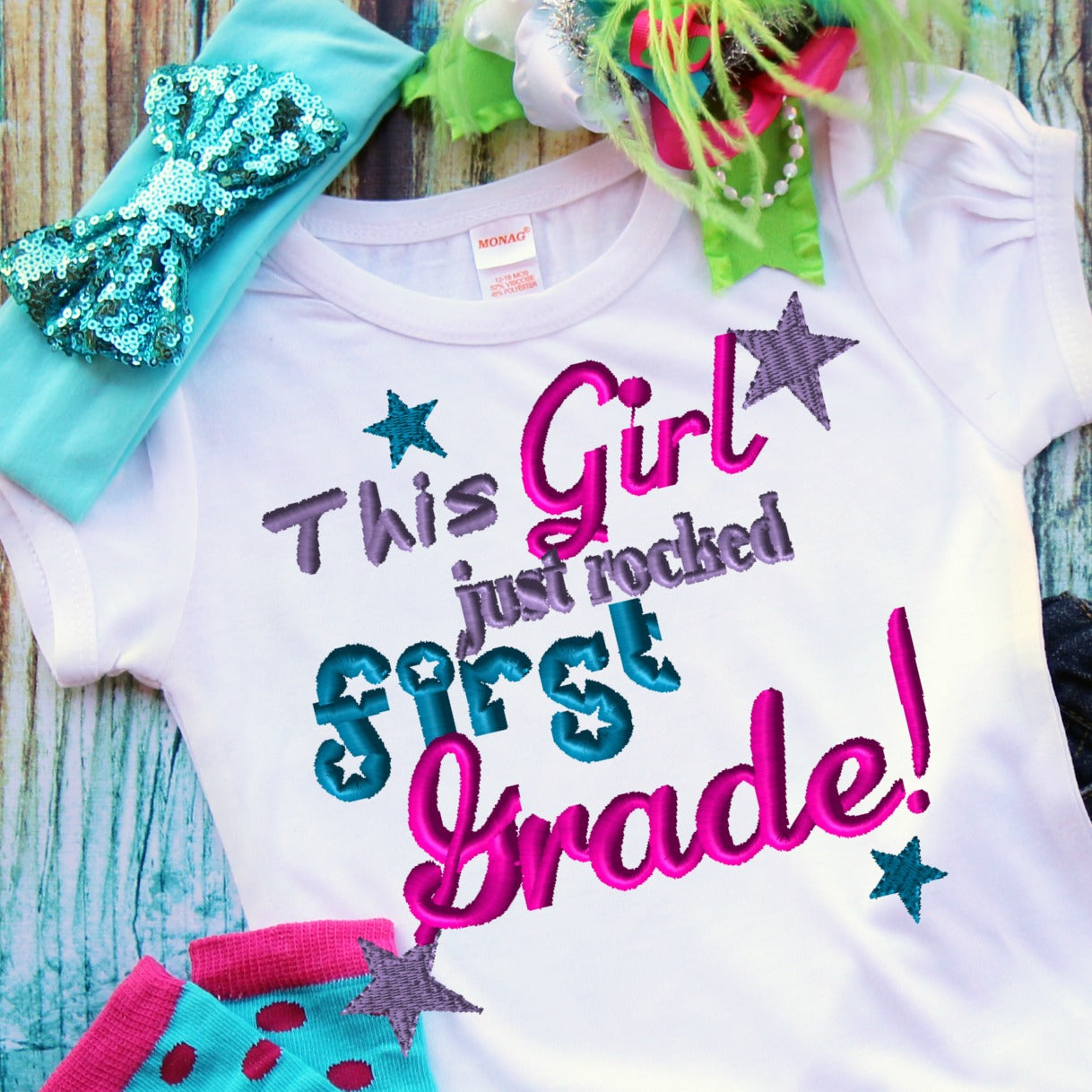 This Girl Just Rocked First Grade Embroidery Design - Ellie and Mac, Digital (PDF) Sewing Patterns | USA, Canada, UK, Australia