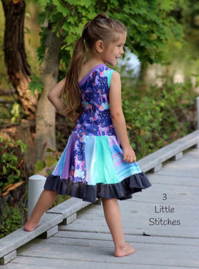 Girl's Island Hopper One Shoulder Dress Pattern - Ellie and Mac, Digital (PDF) Sewing Patterns | USA, Canada, UK, Australia