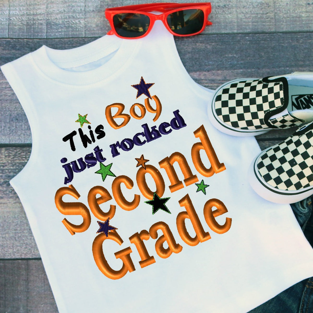 This Boy Just Rocked Second Grade Applique Embroidery Design - Ellie and Mac, Digital (PDF) Sewing Patterns | USA, Canada, UK, Australia