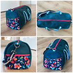 weekender bag sewing pattern with adjustable straps. Exterior and interior zipper and pouch pockets. Easy sewing Video tutorial. Projector sewing