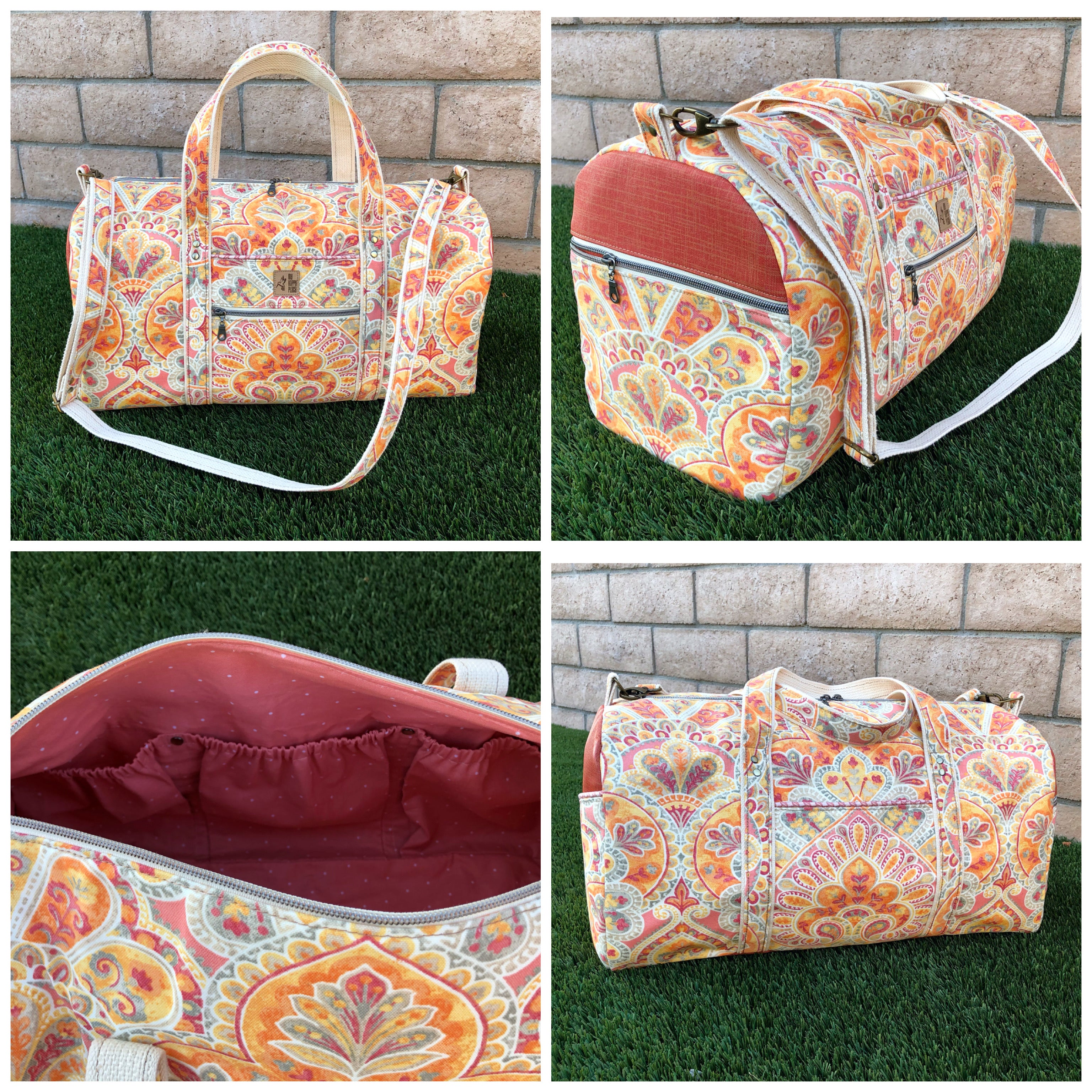 Handmade duffle bag in pretty woven fabric, showcasing its zipper exterior pockets, pink adjustable straps, and interior pockets. Great for travel. PDF sewing duffle bag pattern.
