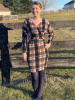 Beginner-friendly wrap dress sewing pattern with crossover front and curved hem. Perfect for fall and holiday sewing.