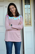 Easy womans knit casual top sewing pattern - woman modeling a colorblock pink top with long sleeves - Trendy fall top - Digital sewing pattern by Ellie and Mac