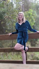 Close-up of faux wrap bodice on crossover dress sewing pattern