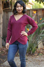 Burgundy long sleeve Crossover Top and Dress PDF sewing pattern with faux wrap bodice and dolman sleeves.