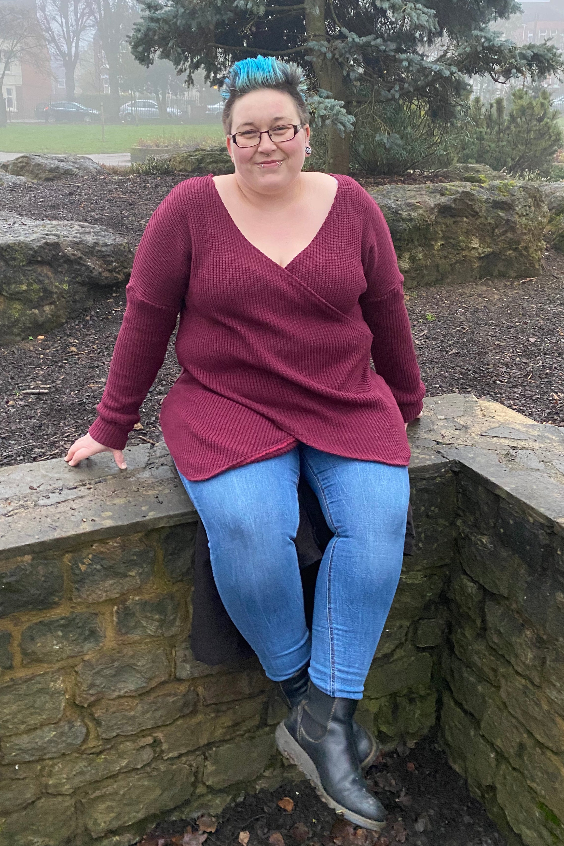 DIY crossover top pattern paired with trousers for polished workwear