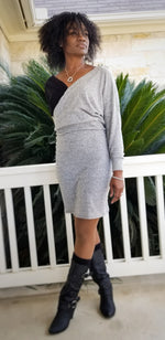 DIY wrap dress PDF pattern shown in knit fabric with dolman sleeves