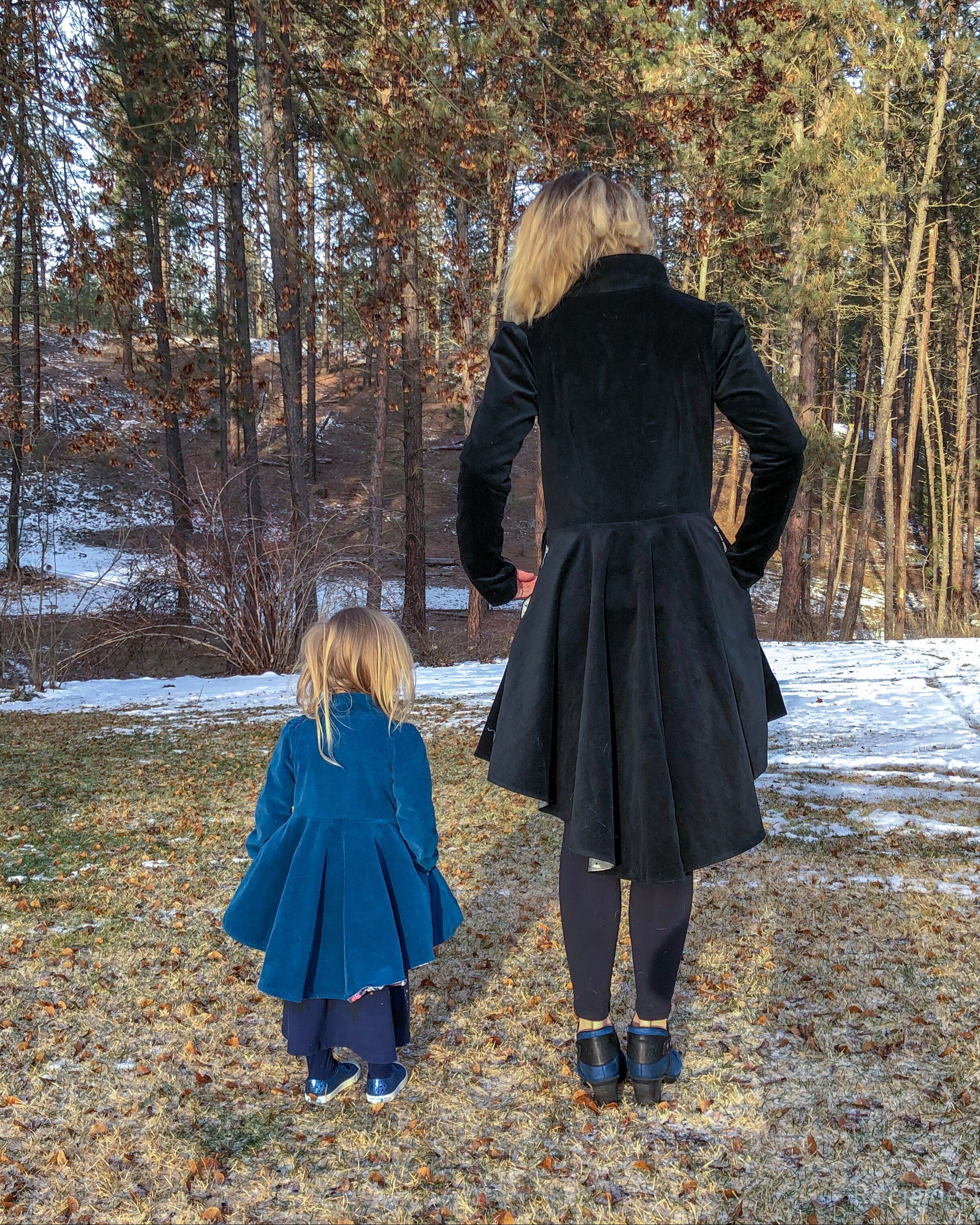 Woven jacket peacoat pattern with hi-low hemline. Dress coat sewing pattern.