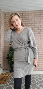 Elegant crossover dress pattern styled for evening or holiday wear