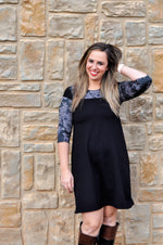 Easy womans knit casual dress sewing pattern - woman modeling a colorblock dress with 3/4 sleeves - Trendy fall dress - Digital sewing pattern by Ellie and Mac