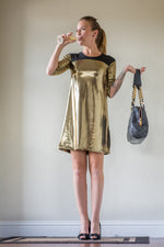 Easy womans knit dress sewing pattern - woman modeling a gold dress with 3/4 sleeves - Trendy dress - Digital sewing pattern by Ellie and Mac