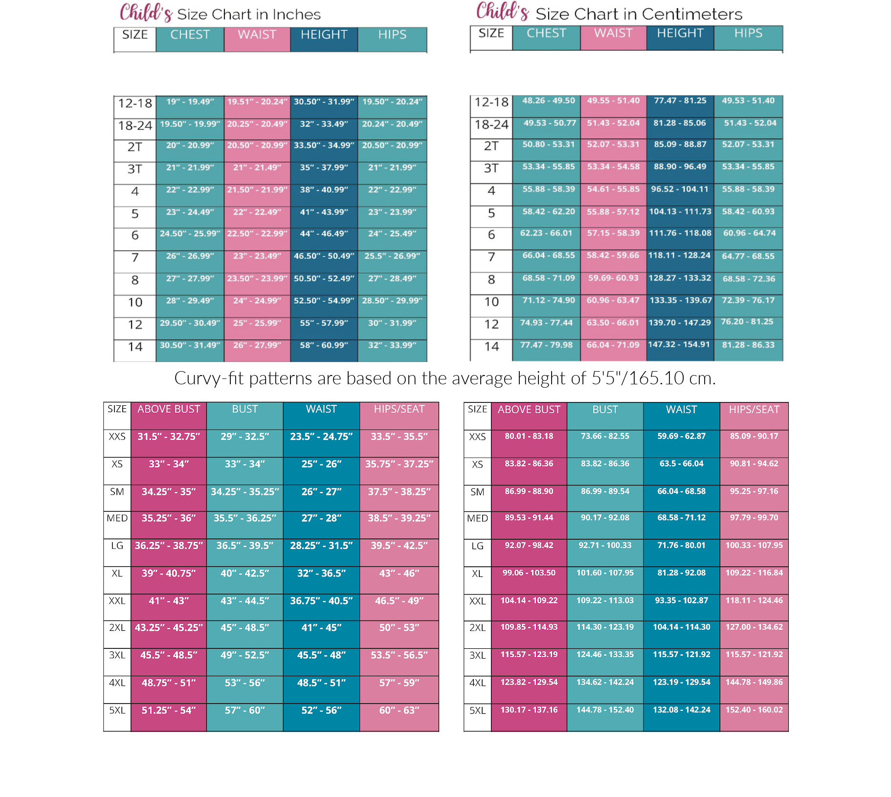 Kids and Adults Size Chart for Ellie and Mac PDF Sewing Patterns