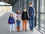 Ellie & Mac Kids Duke Jacket sewing pattern worn by a set of 4 siblings in different fabric.