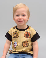 Toddler boy wearing a short sleeve custom made tee using Ellie and Mac PDF sewing patterns.