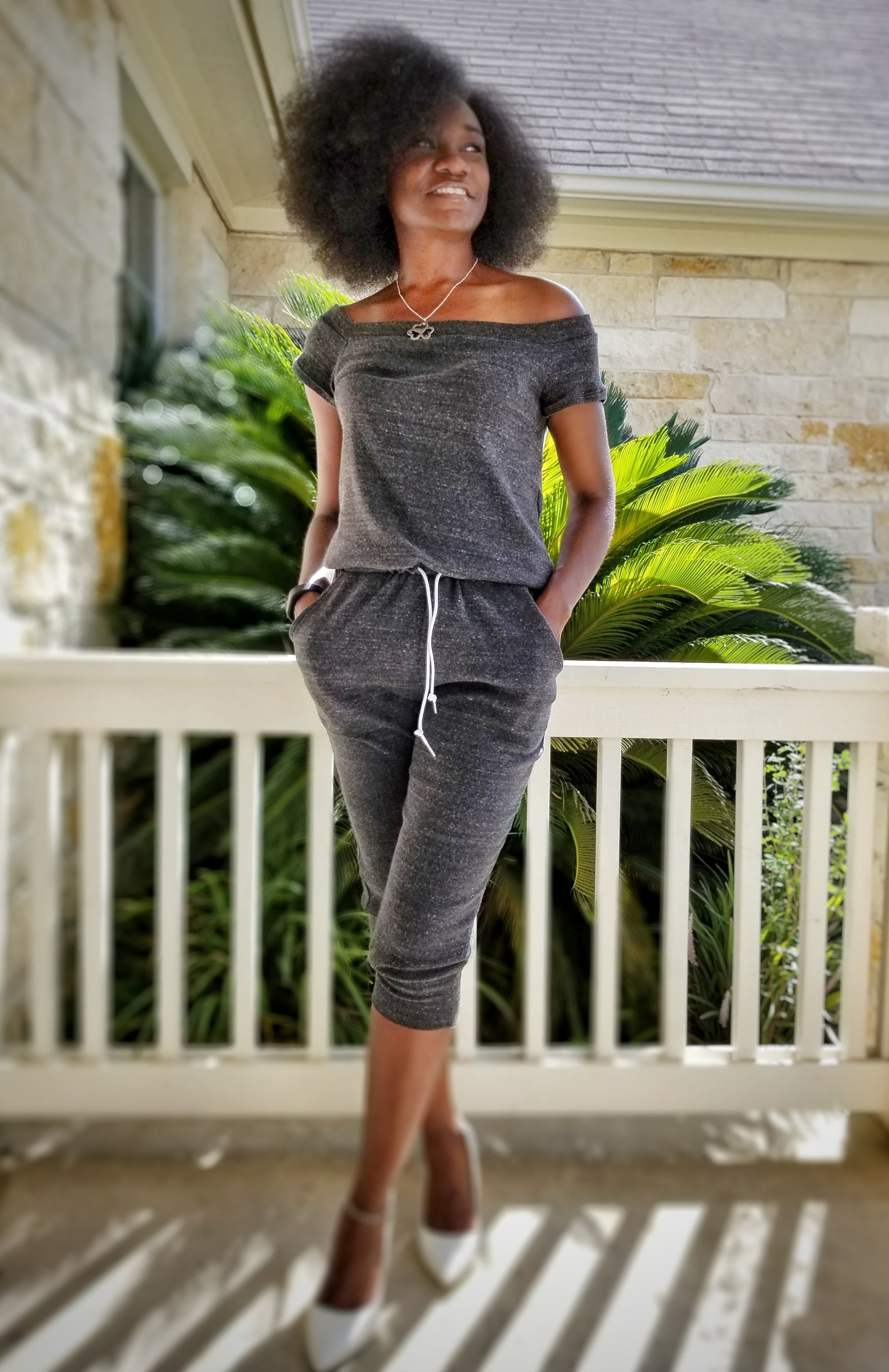 Off the online shoulder romper pants