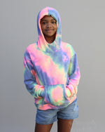 Ellie and Mac sewing pattern for oversized long sleeve sweater with kangaroo pocket, scuba hood, and long sleeves.