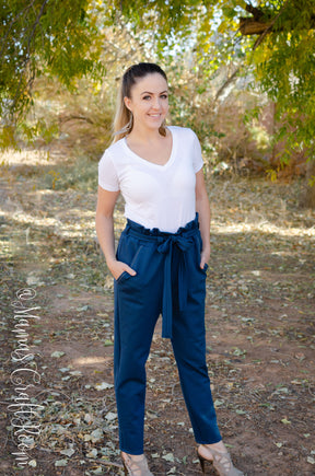 Blue and white paper bag pants store