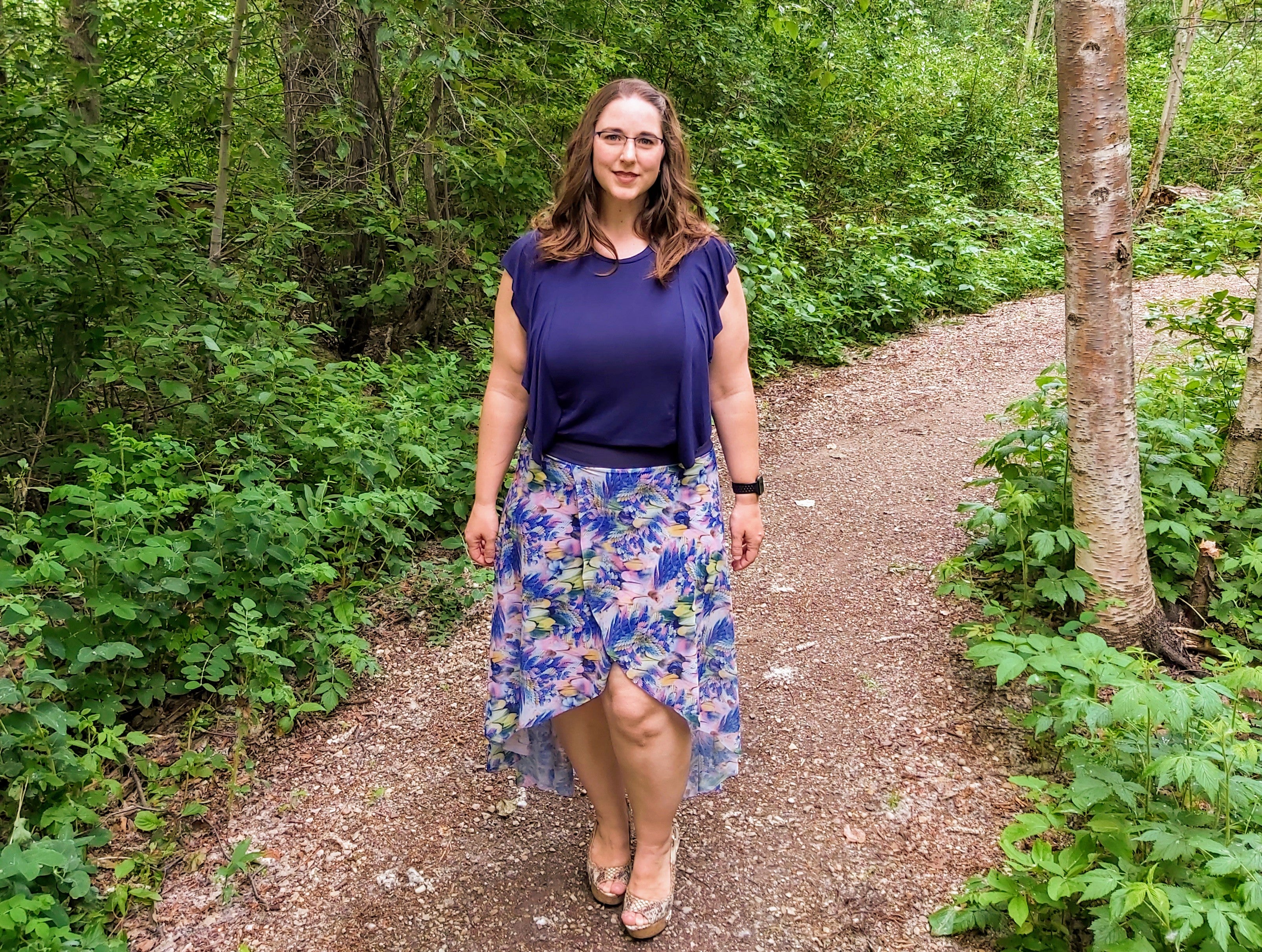 Pretty wrap front skort sewing pattern for women by Ellie and Mac PDF sewing patterns. Easy beginner friendly sewing patterns. Knit fabric skort. DIY sewing style.