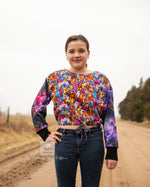 Teen wearing a cute oversized dolman long sleeve top with a drawstring waist. Sewn using Ellie and Mac patterns.