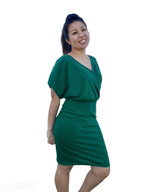 Women’s faux wrap pencil dress pattern styled for everyday or office wear