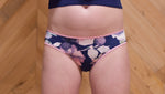 low rise panties with navy floral fabric and light pink picot elastic. Sewn using the Feel Frisky Panties sewing pattern by Ellie and Mac sewing patterns. Perfect for beginners and includes projector file, A0 copy shop file, A4 and Letter pattern print file, and full video sew along tutorial. 